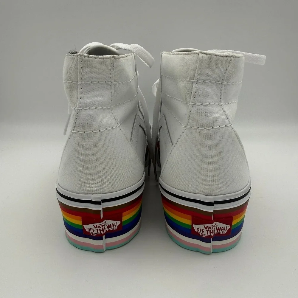 Women's Vans Sk8-Hi Tapered Stackform Pride White Rainbow Platform Shoes Sz 8.5